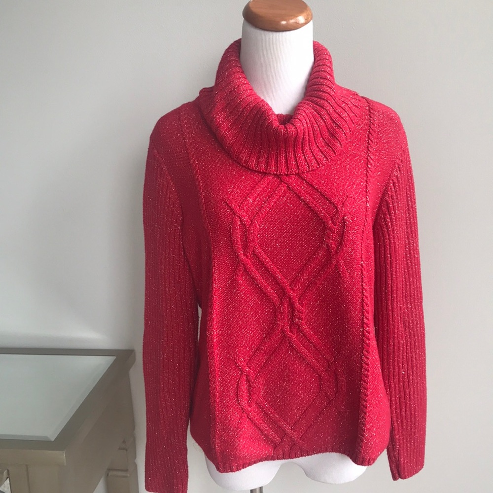 Red with gold metallic thread cowlneck sweater L